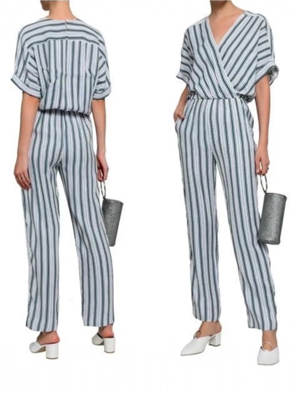 Maje Striped V-Neck Wide-Leg Jumpsuit Size Medium
